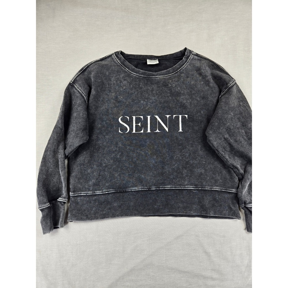 Seint Womens Small Faded Black Mineral Wash Cropped Graphic Sweatshirt Cotton